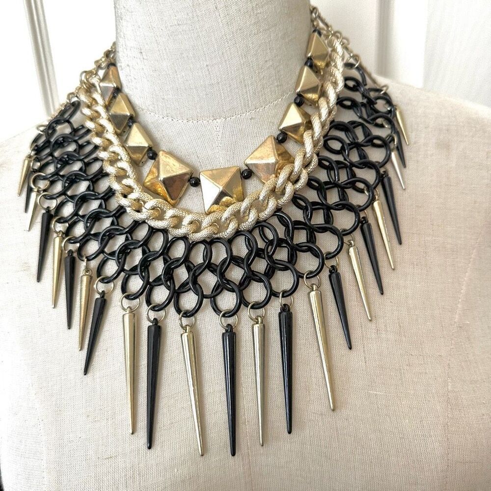 Lucia black and gold tone spiky statement necklace